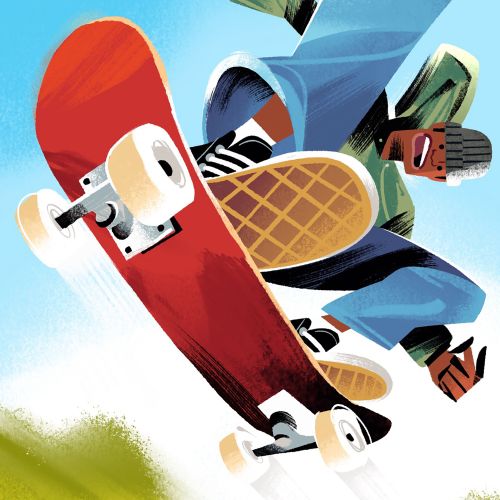 Skater realizando un truco aéreo en pleno vuelo, obra de arte de Drew Bardana