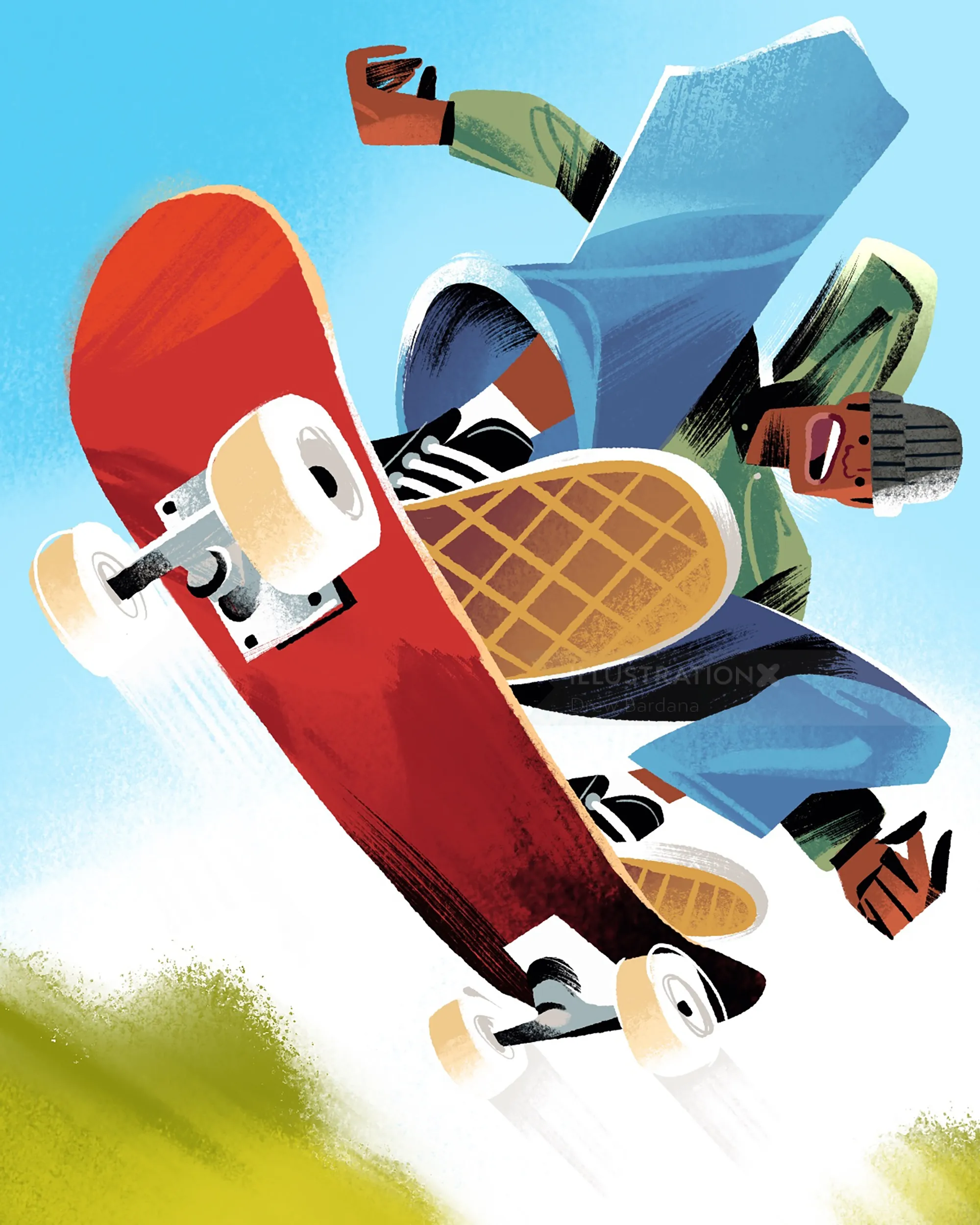 Skateboarder vollführt einen hohen Trick in der Luft, Illustration von Drew Bardana