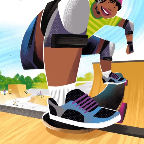 Skater descendiendo por la media tubería con rodilleras por Drew Bardana