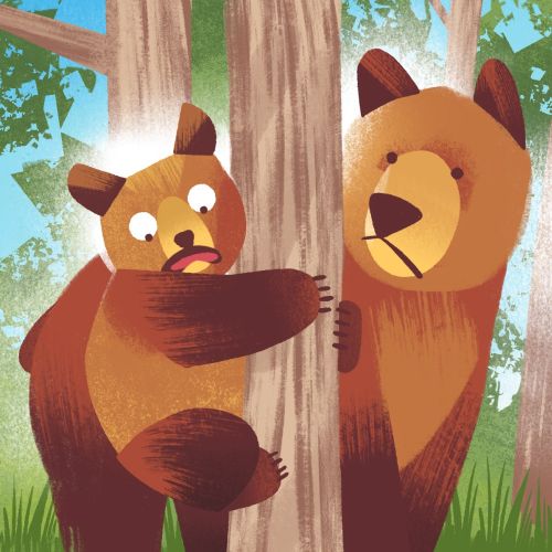 Illustration of a baby bear cub clinging to a tree with an adult bear nearby by Drew Bardana