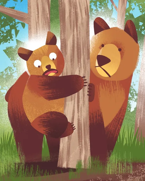 Illustration eines Bärenjungen, das sich an einen Baum klammert, mit einem erwachsenen Bären in der Nähe von Drew Bardana