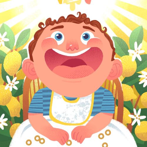 Child smiling as lemon is squeezed above, by Drew Bardana