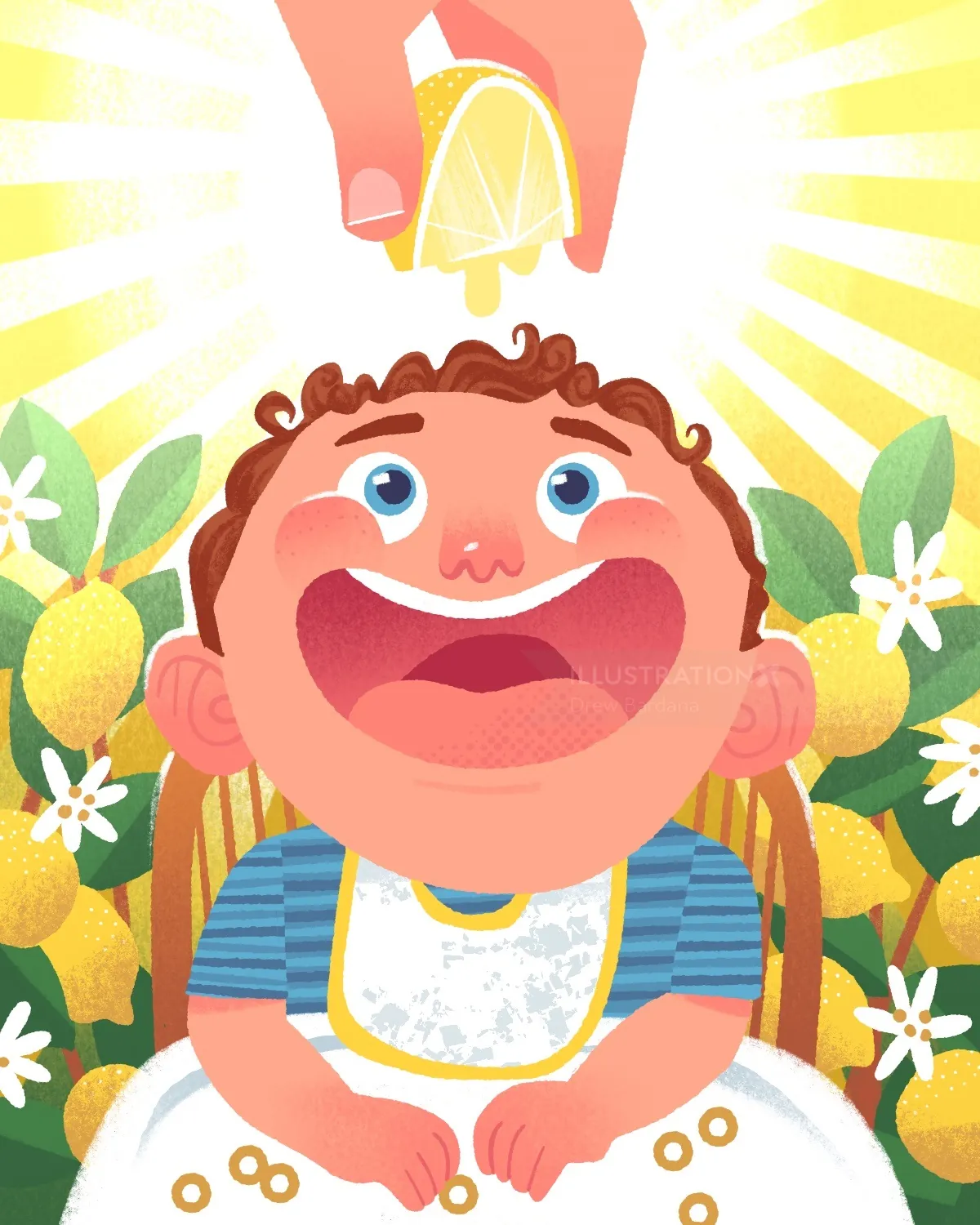 Child smiling as lemon is squeezed above, by Drew Bardana