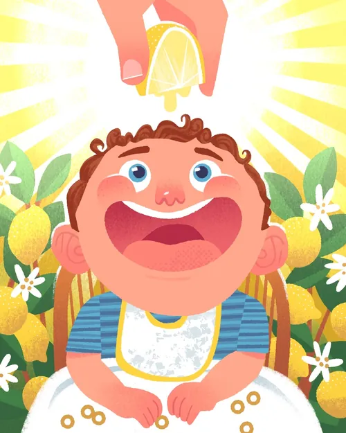 Child smiling as lemon is squeezed above, by Drew Bardana
