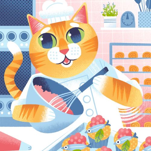 Illustration of cat chef cooking fish cakes by Drew Bardana