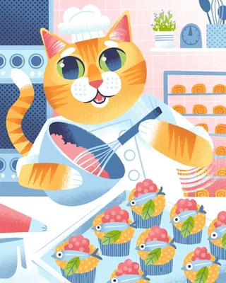 フィッシュケーキを作る猫シェフ | Illustration by Drew Bardana