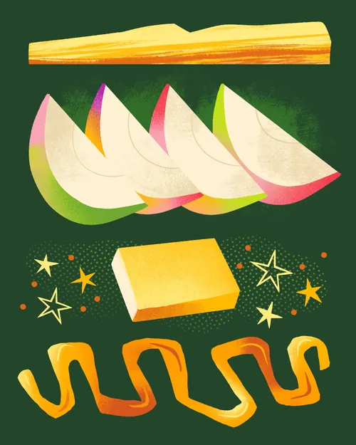 Sliced apple wedges with butter and peels, illustrated by Drew Bardana