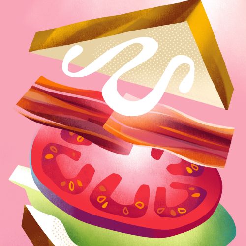 Digital illustration of a BLT sandwich with bacon, tomato, lettuce, and mayo by Drew Bardana
