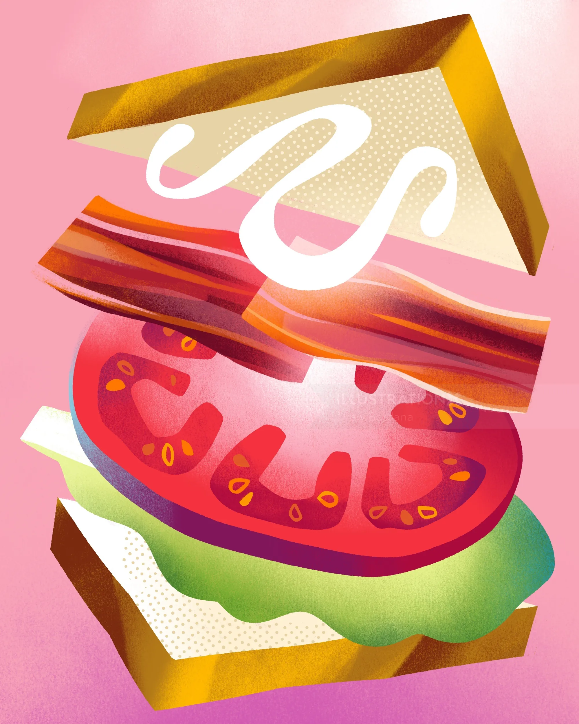 Digitale Illustration eines BLT-Sandwiches mit Speck, Tomaten, Salat und Mayonnaise von Drew Bardana