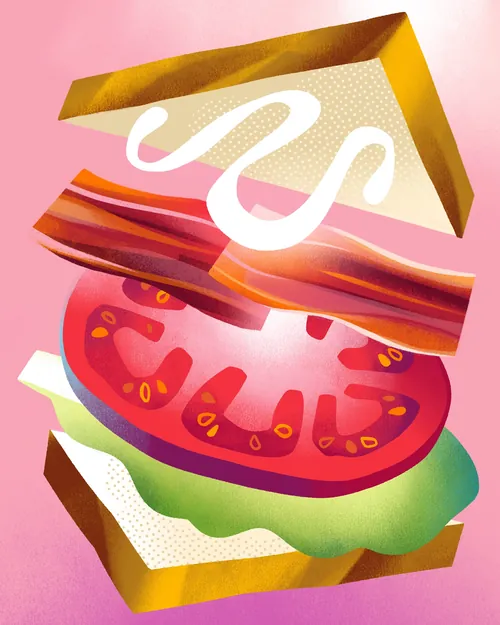 Digital illustration of a BLT sandwich with bacon, tomato, lettuce, and mayo by Drew Bardana