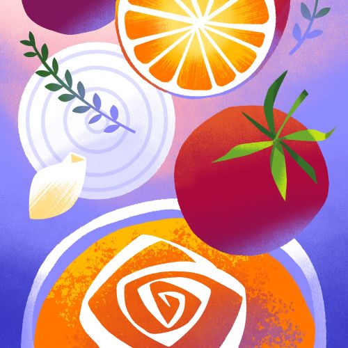 Tomatoes, orange slice, onion rings, and garlic clove illustration by Drew Bardana