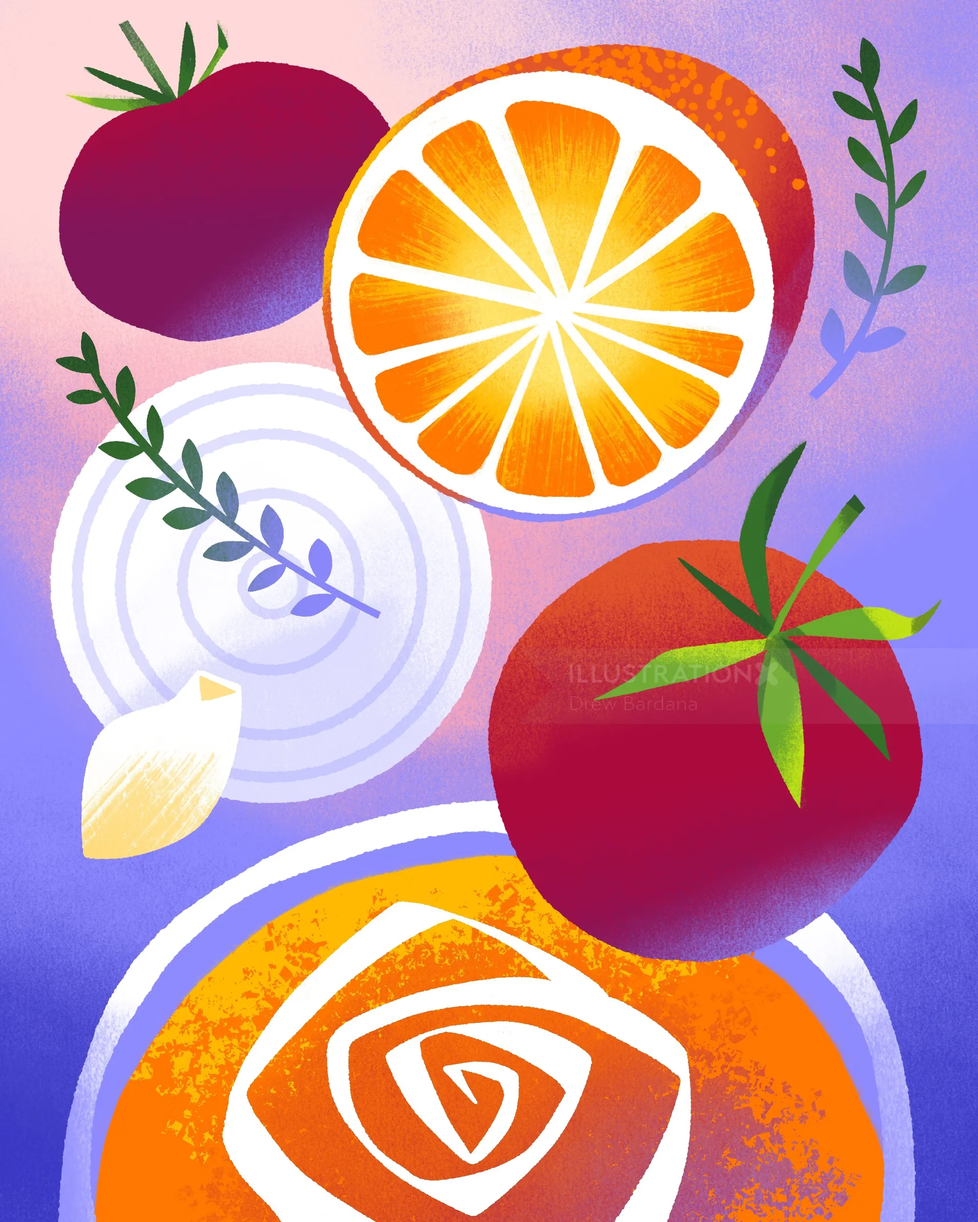 Tomatoes, orange slice, onion rings, and garlic clove illustration by Drew Bardana