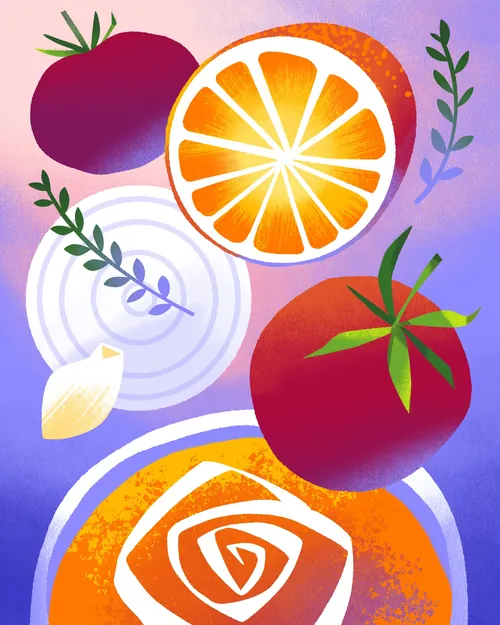 Tomatoes, orange slice, onion rings, and garlic clove illustration by Drew Bardana