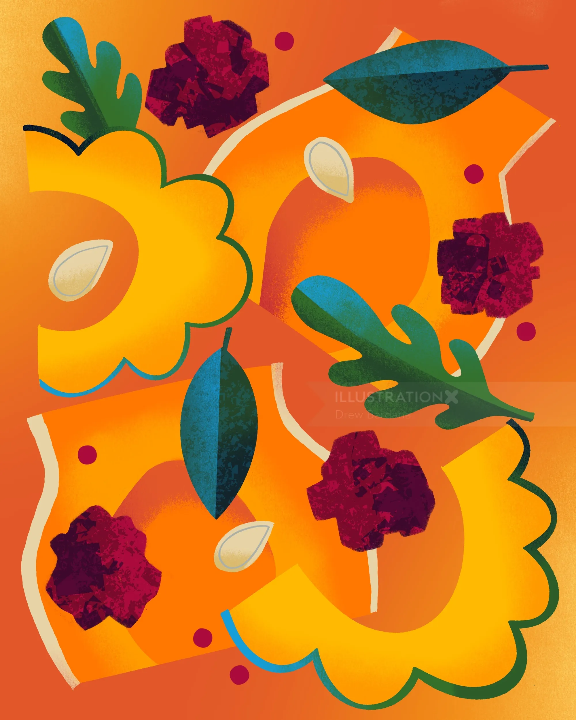 Abstract flowers, green leaves, seeds, and maroon shapes by Drew Bardana
