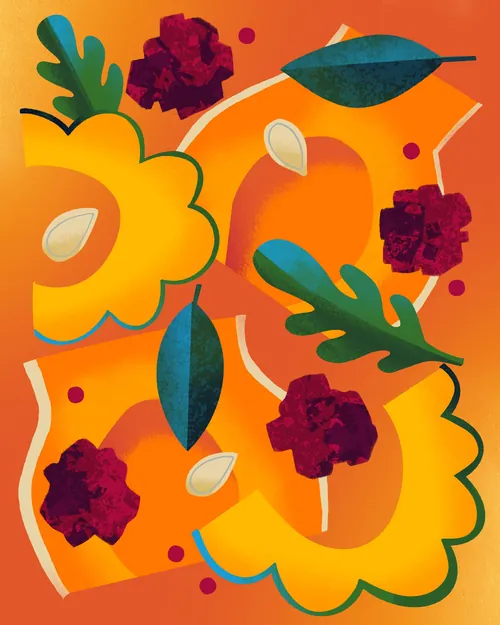 Abstract flowers, green leaves, seeds, and maroon shapes by Drew Bardana