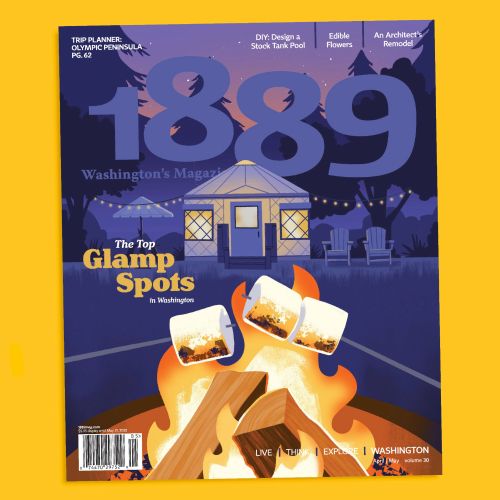 Campfire with roasted marshmallows, yurt and garden lights, illustration by Drew Bardana
