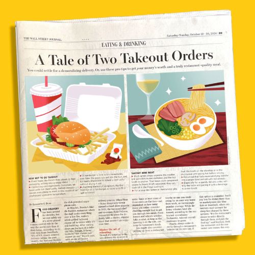 Illustration of takeout foods including burger, noodles, and drink by Drew Bardana