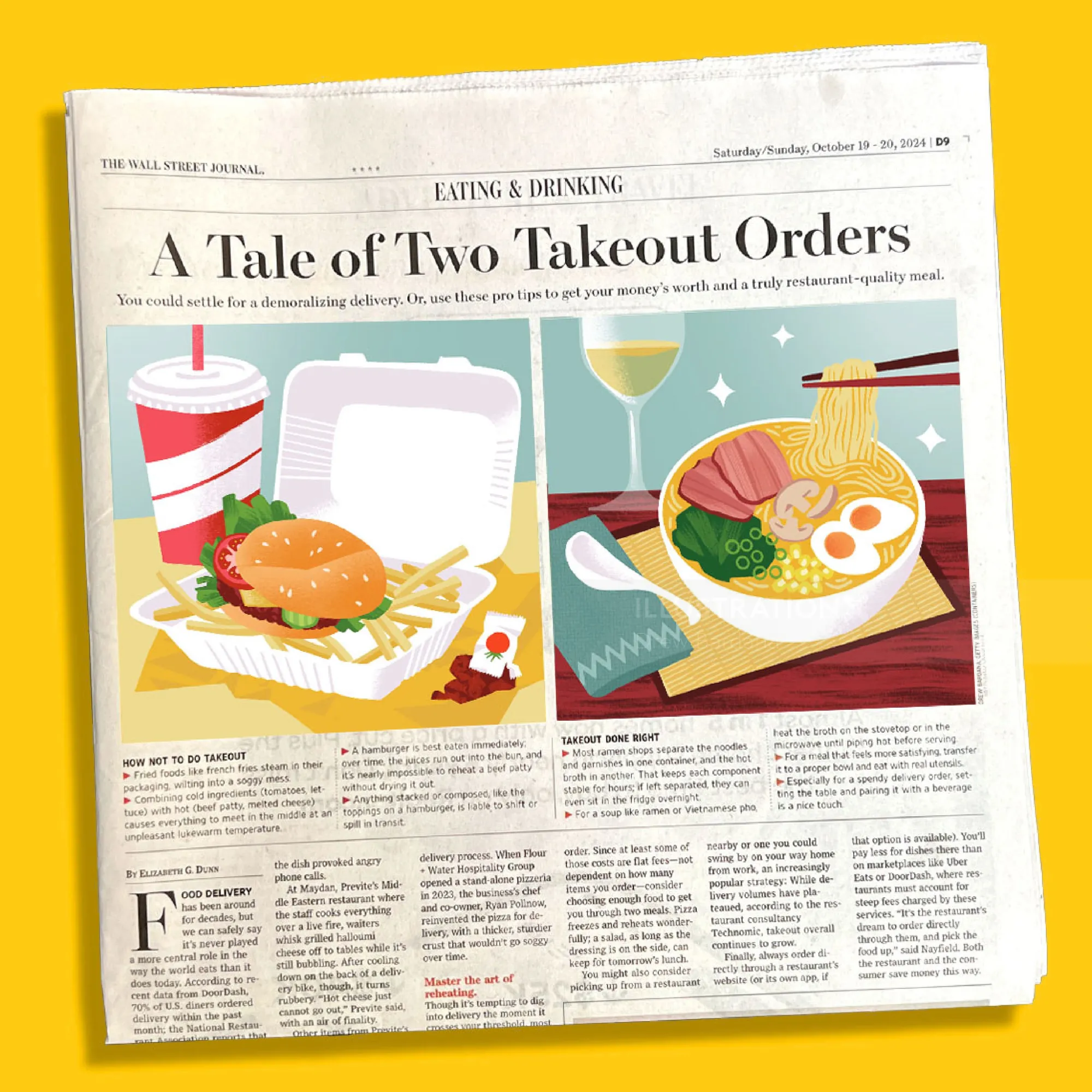 Illustration of takeout foods including burger, noodles, and drink by Drew Bardana