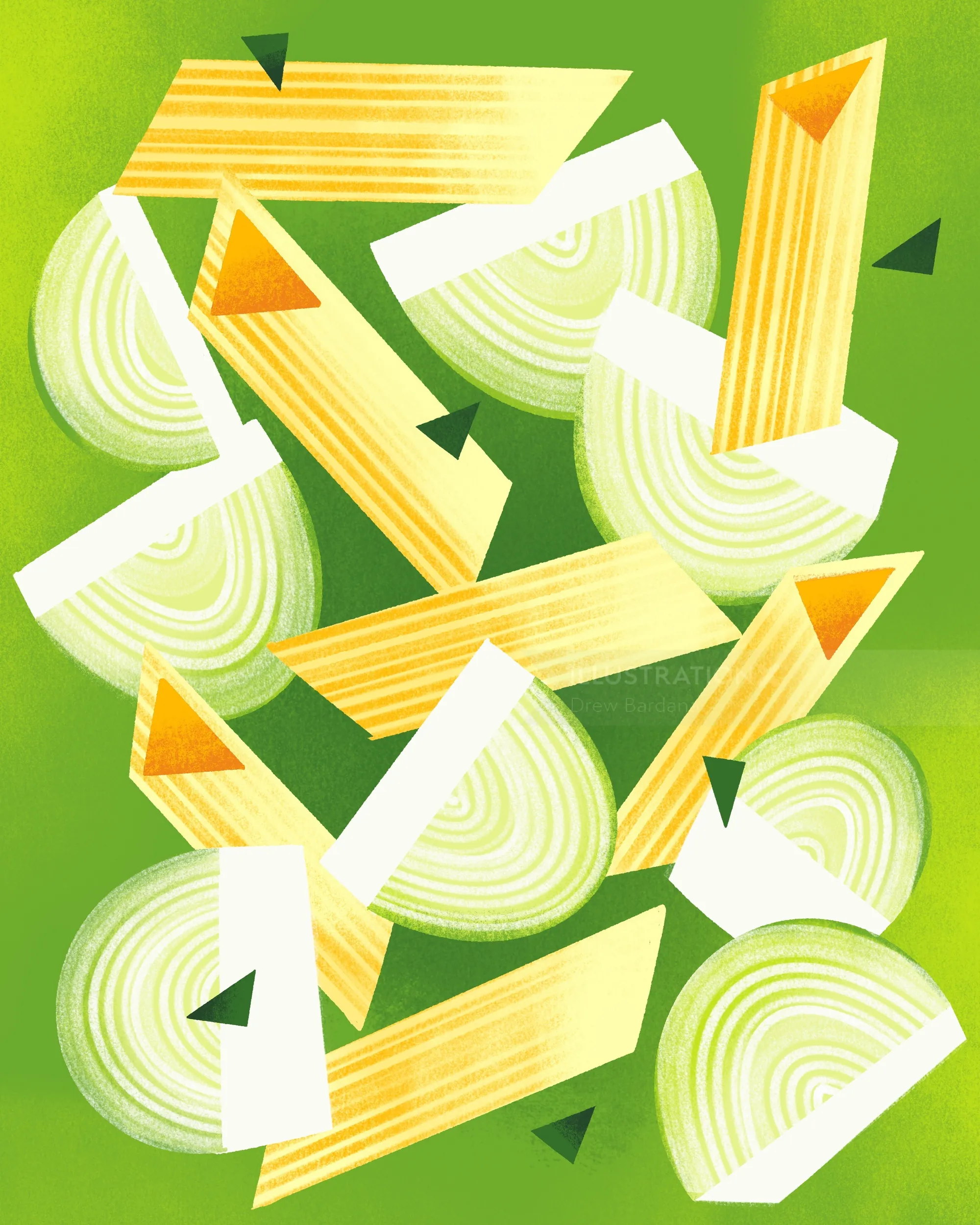 Illustration of penne pasta and leek slices by Drew Bardana