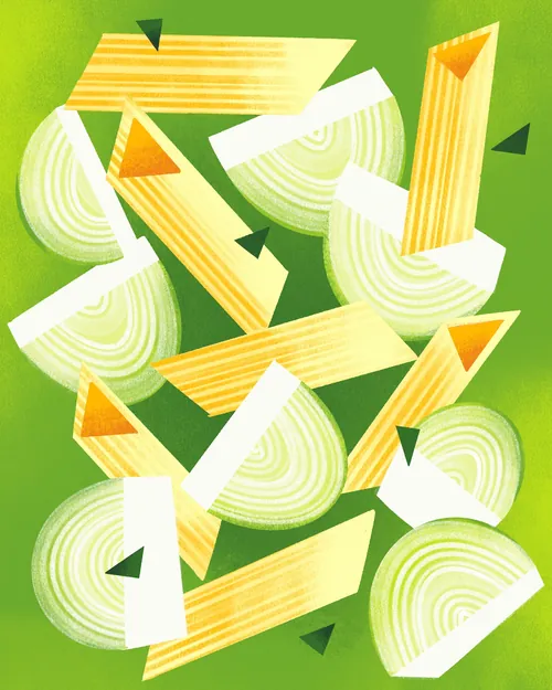 Illustration of penne pasta and leek slices by Drew Bardana