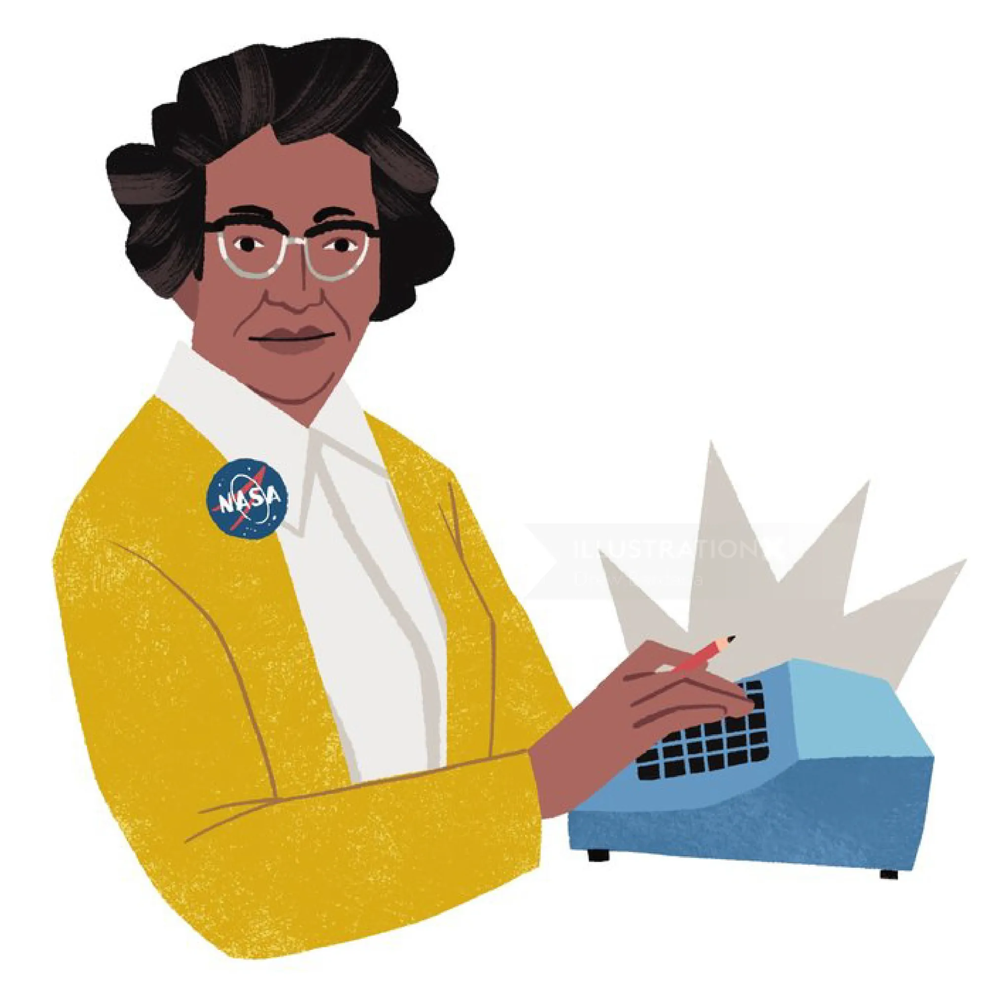 Katherine Johnson in yellow jacket using calculator, illustration by Drew Bardana