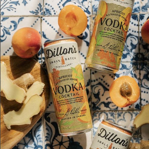 Dillon's Apricot Vodka Cocktail cans with apricots and ginger by Drew Bardana