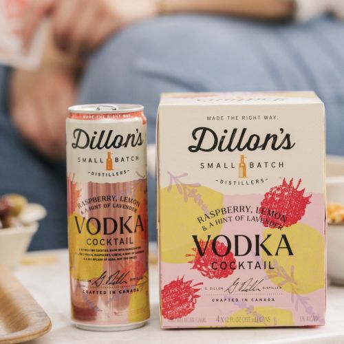 Dillon's Small Batch Raspberry Lemon Vodka Cocktail cans and boxes by Drew Bardana