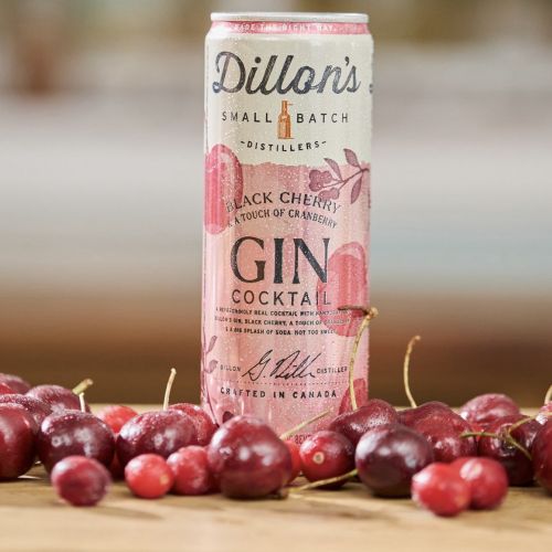 Dillon's Black Cherry Gin Cocktail can with cherries, artwork by Drew Bardana