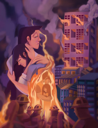 2970: Fading Embrace” artwork inspired by Hanoi mini apartment fire