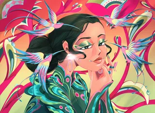 Colorful artwork of a woman surrounded by vibrant hummingbirds