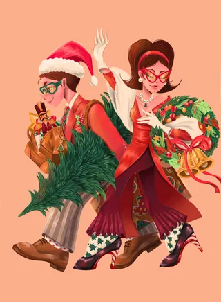 Couple carrying Christmas gifts and decorations in festive attire