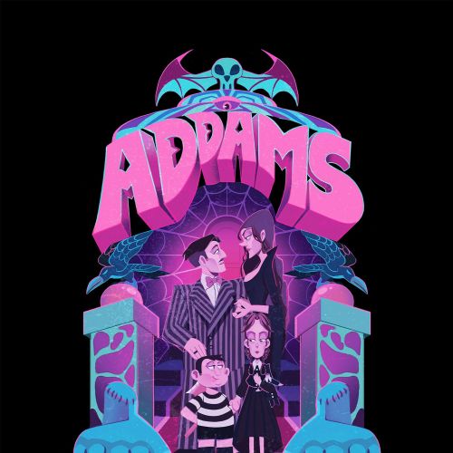 Stylized Addams Family characters under spooky arch with bats