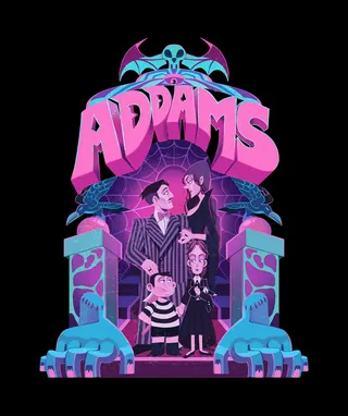 Stylized Addams Family characters under spooky arch with bats