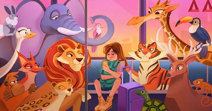 Young girl sitting surrounded by colorful friendly animals on a journey