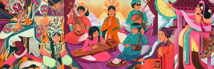 Traditional Vietnamese musicians playing instruments in colorful scene