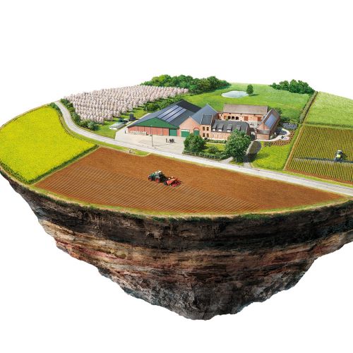 Floating cross-section farm land with buildings and fields by Eberhard Reimann