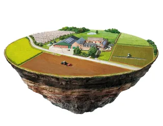 Floating cross-section farm land with buildings and fields by Eberhard Reimann
