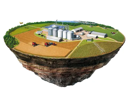 Floating farm with silos, tractors, and fields by Eberhard Reimann