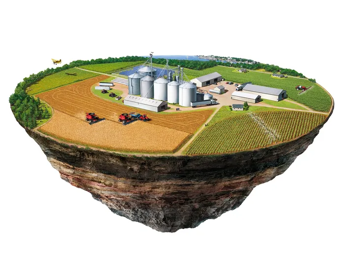 Floating farm with silos, tractors, and fields by Eberhard Reimann