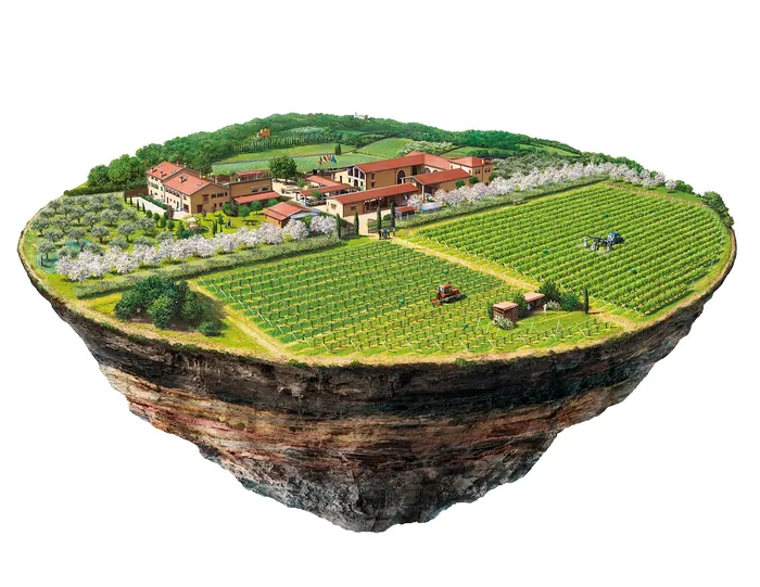 Floating island vineyard with buildings and tractor by Eberhard Reimann
