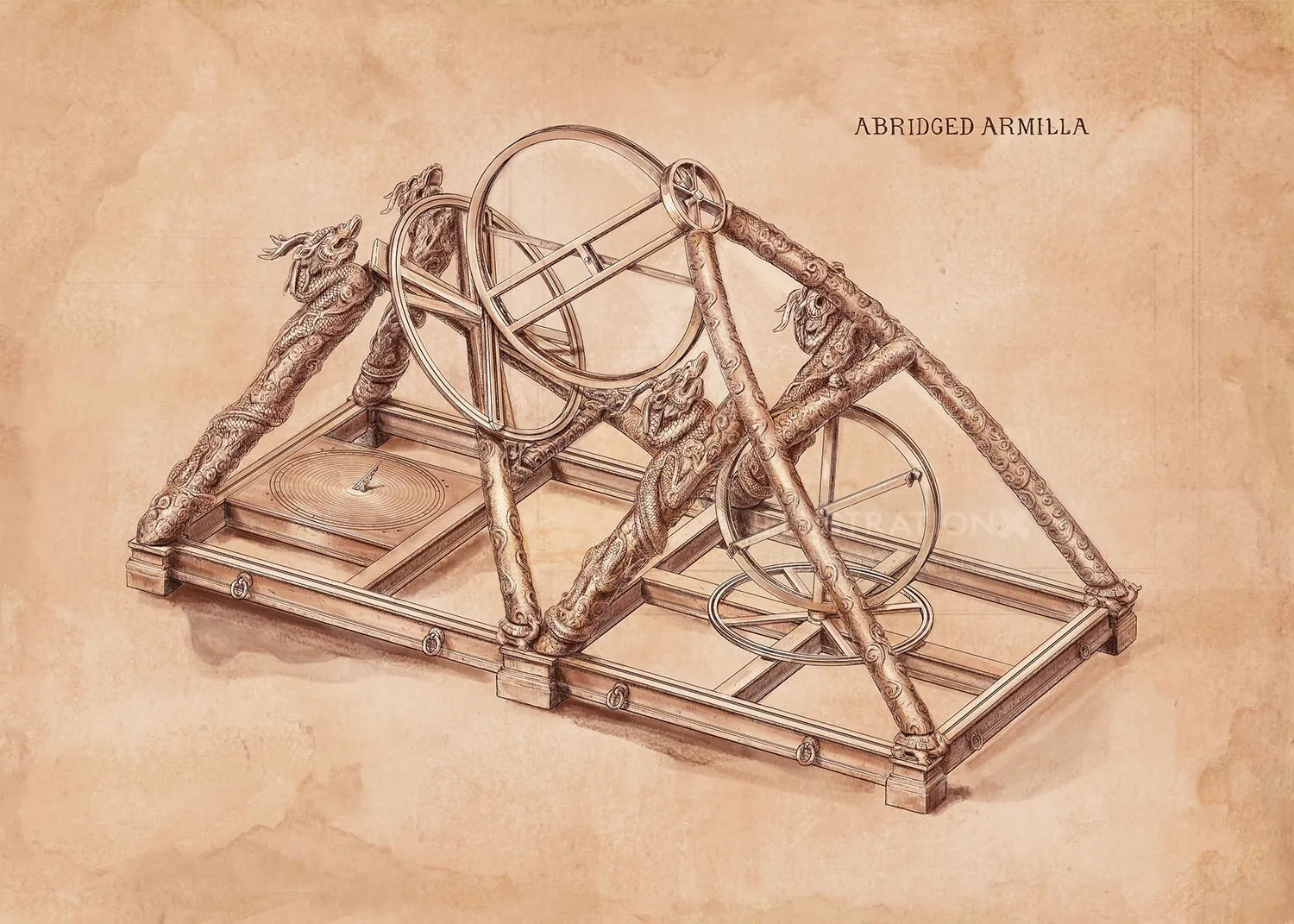 Detailed drawing of an ancient catapult with pulley mechanism