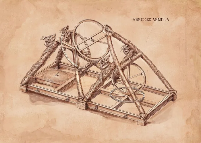 Detailed drawing of an ancient catapult with pulley mechanism