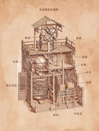 Vintage watermill diagram with detailed Chinese labels on parts