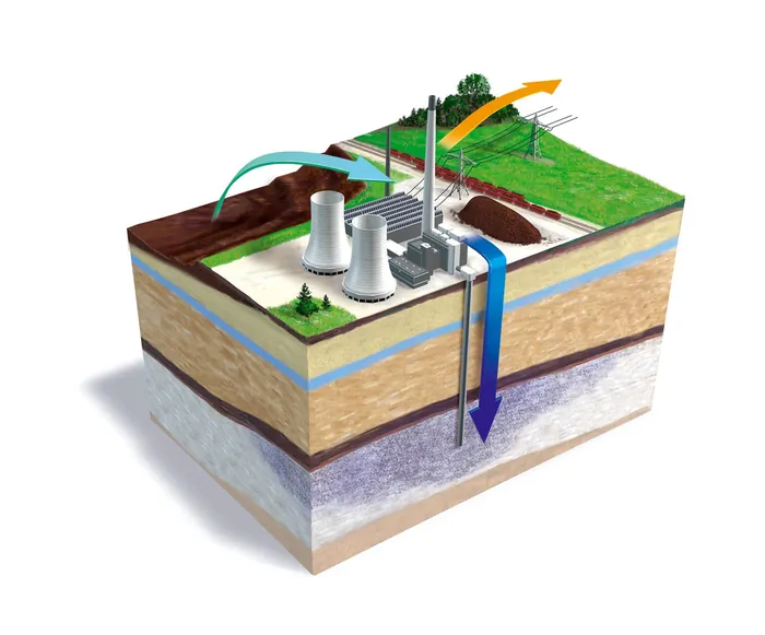 Geothermal power plant cross-section with heat extraction and surface facilities by Eberhard Reimann