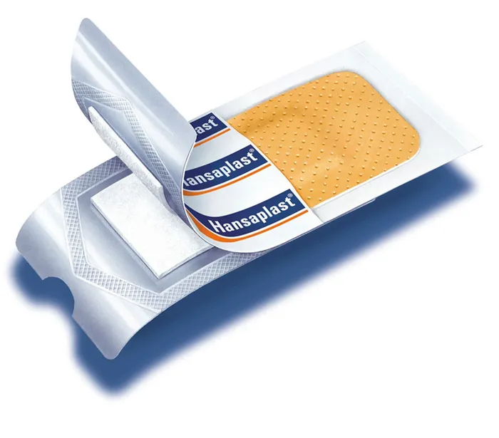 Close-up of open Hansaplast adhesive bandage packaging by Eberhard Reimann