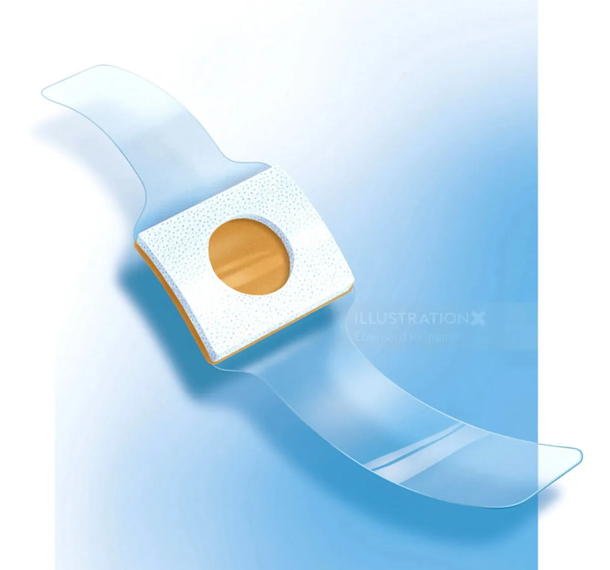 Transparent wristband with wooden center on blue background by Eberhard Reimann