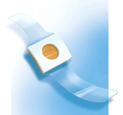 Transparent wristband with wooden center on blue background by Eberhard Reimann