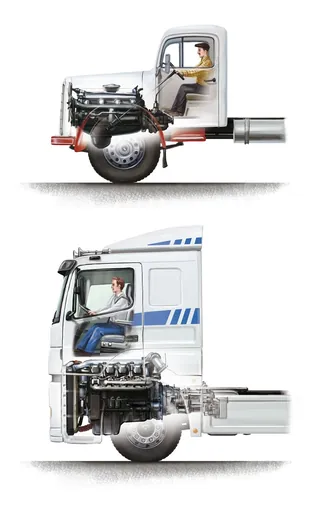 Cutaway truck cabin illustrations showing drivers and engine details by Eberhard Reimann