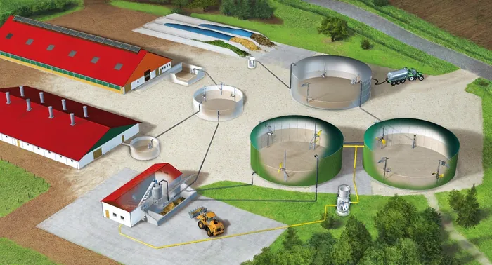 Aerial view of biogas plant with digesters and facility by Eberhard Reimann