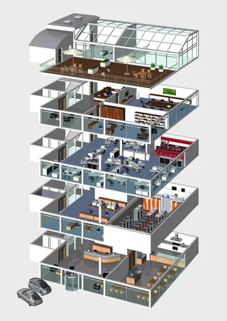 Architectural cutaway of multi-level office building interior by Eberhard Reimann